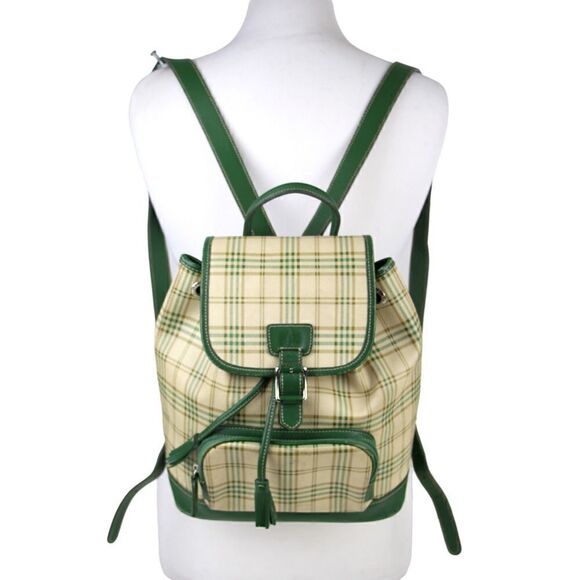 Bean Pole PLAID BEIGE GREEN GENUINE LEATHER FLAP SHOULDER BAG BACKPACK HANDBAG - Picture 2 of 16